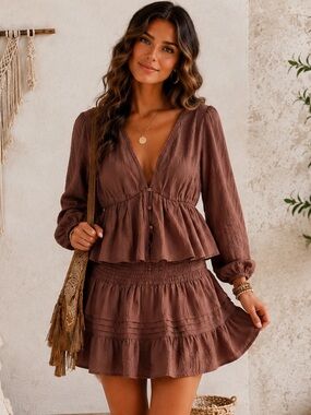 Love Tree Matching Two-Piece Boho Set In Mocha Brown Color – Size Large NWOT